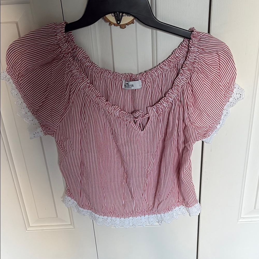 Red and White Striped Top Cropped with Lace Trim